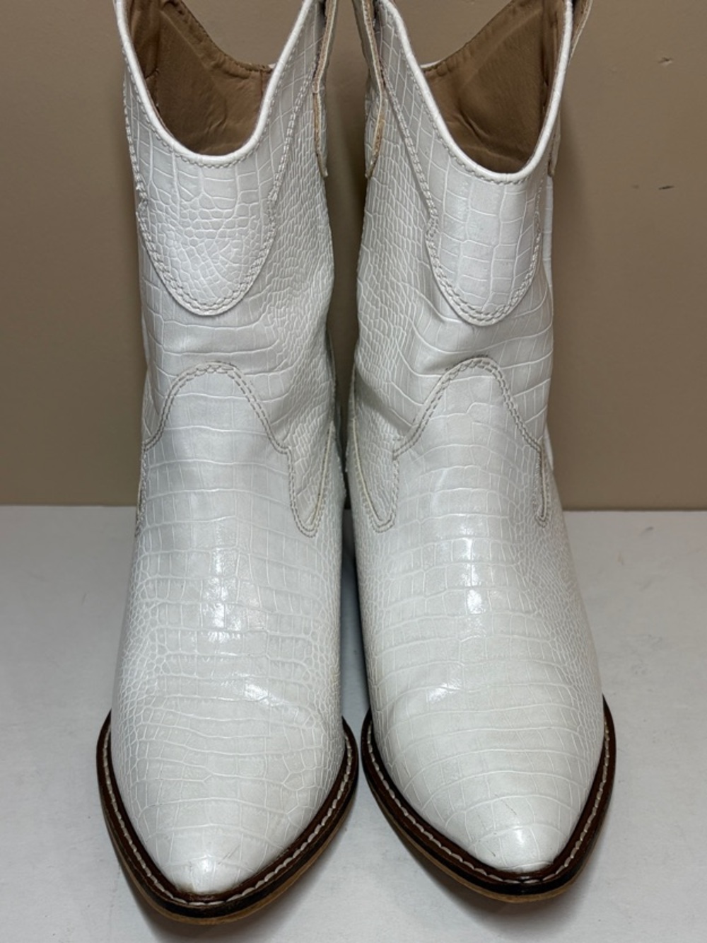 White Croc-Embossed Cowboy Boots, 10 - Picture 2 of 10